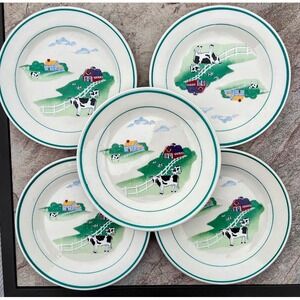 Century Stoneware Fannie's Farm   Salad Plates Set of 5 Cow Barn Green Rim 7.5